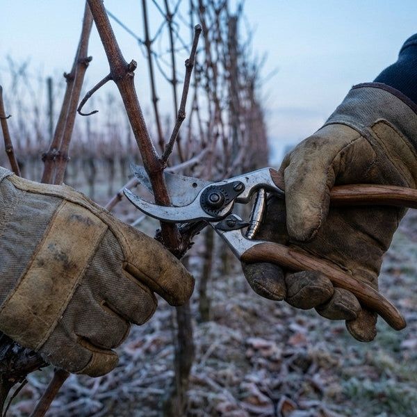 Gants tenant un sarment de vigne taillé au sécateur en hiver